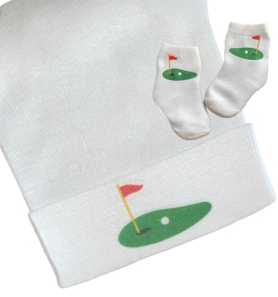 Newborn Hospital Hat Golf. Option to add Socks & Mitts.Great Gift. Baby's 1st Keepsake. Cute