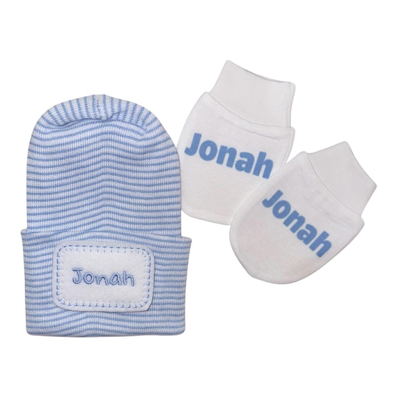 Newborn Hospital Hat Monogramed with Name and mittens with name! For a BOY or GIRL!