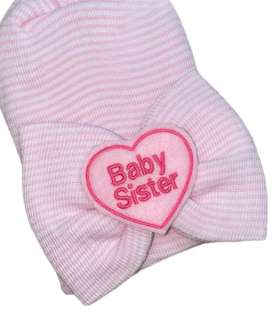Baby Bow Hat Baby Sister Newborn Hat with Baby Sister In Pink on Bow Newborn Hospital Beanie.  Baby Newborn Hats.  BABY Sister
