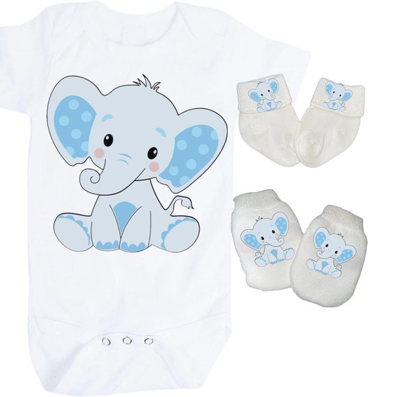 Elephant Baby Bodysuit with No Scratch Mittens and Socks! Size 0-3 Months. EXCLUSIVELY FOUND HeRe!