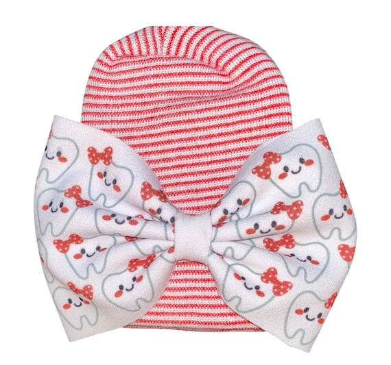 Girls Bow Hat or Headband with custom tooth on bow. Baby Girl Bow! Custom Made Fabric Bow. Perfect for Dentist , Hygienist or Dental Field.