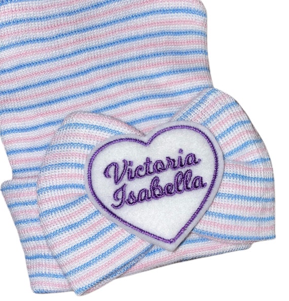 Baby Girl Hat Newborn Hospital Hat Monogrammed with PERSONALIZED Name in Cursive! LARGE Bow with Name! Great Gift Moms LOVE 1st Keepsake!