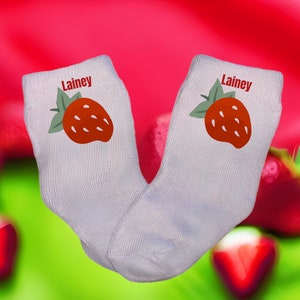 Baby/Toddler/Child Strawberry with Name Socks Multiple sizes offered Choose from 0-6 months to 10 years Every Baby Needs. Cute Baby Gift!