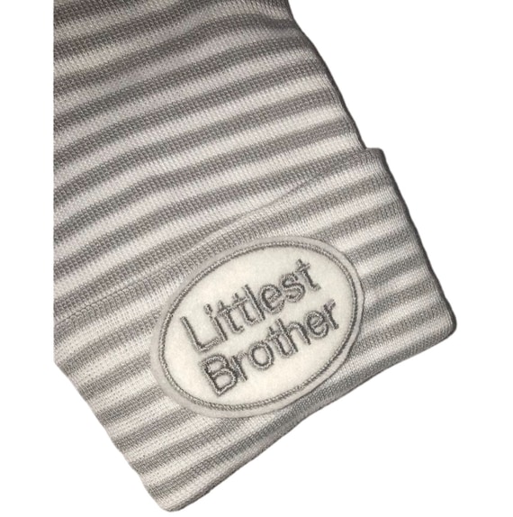 Baby Boy Hat Newborn Hospital Hat with White and Grey Littlest Brother.  Every New Baby Boy Should Have! Adorable!