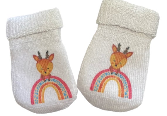 PREEMIE MITTENS Rainbow Fawn and Sock Option! Preemie No Scratch Mittens AnD Or PREEMIE SoCKS!