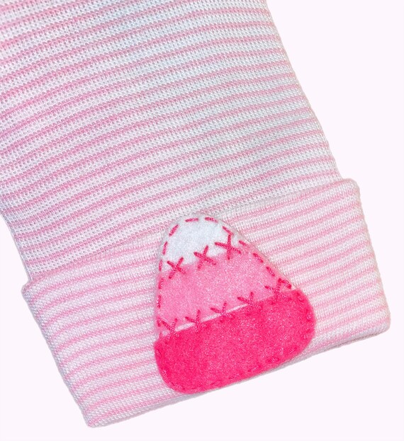 Newborn Hospital Hat with Pink Candy Corn.  Baby Gift.  Newborn Hospital Beanie. Great Gift for Halloween or Fall Season