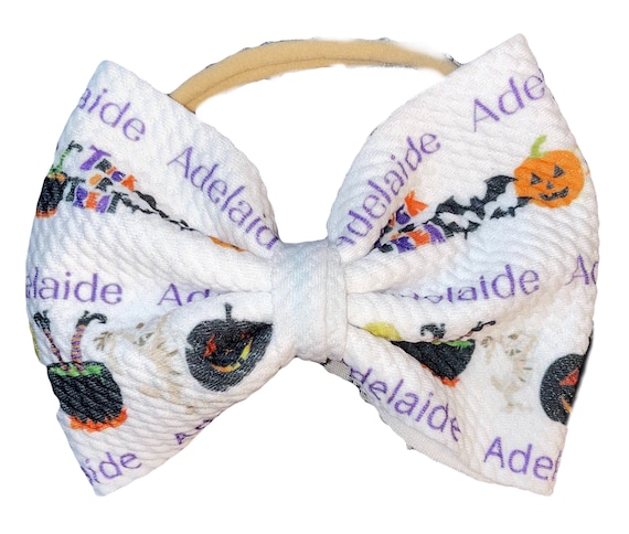 Girls Halloween Fall Bow with NAME on Hat, Headband or Clip! Custom Made Fabric Bow. EXCLUSIVE