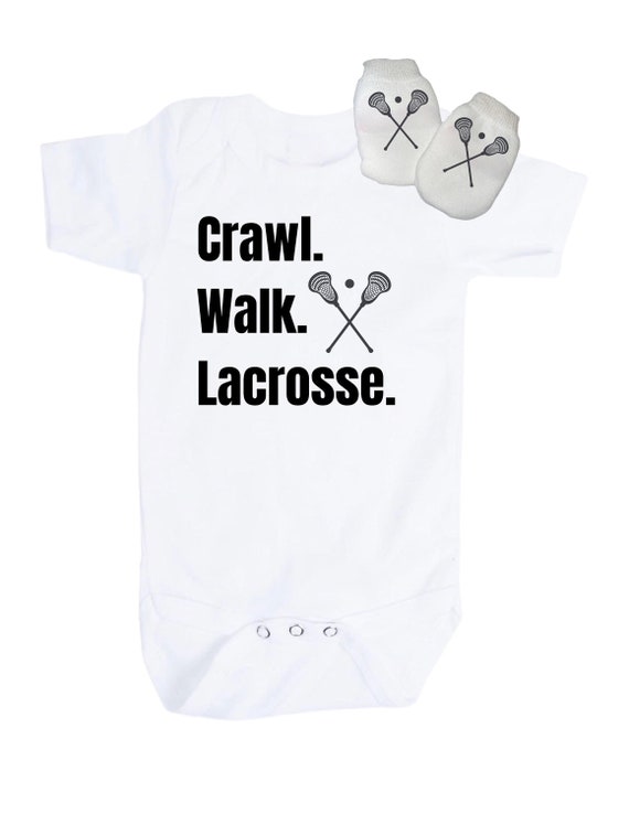 Baby Bodysuit with Crawl Walk Lacrosse  You Choose Size.  GREaT GiFT  1st Keepsake