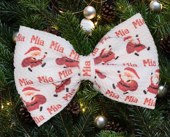 Girls Holiday Bow with NAME on Nylon Headband , Newborn Hat or or Alligator Clip! Custom Made Farbic Bow. EXCLUSIVE