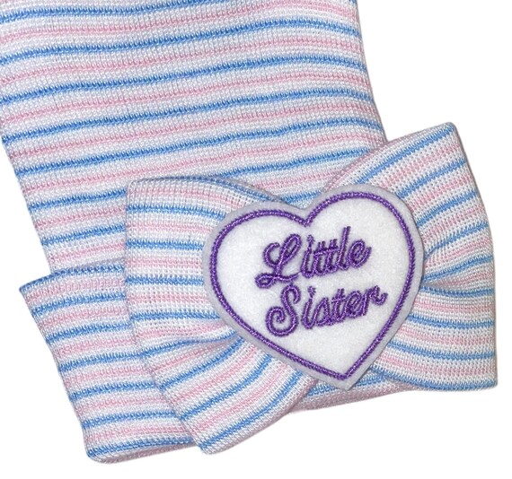 Newborn Girl Hat with Little Sister Embellishment on Big Bow Newborn Hospital Beanie.  Baby Newborn Hats.  Little Sister