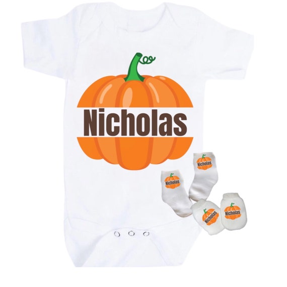 Baby Pumpkin Bodysuit With Name with option to add matching socks and no scratch mittens