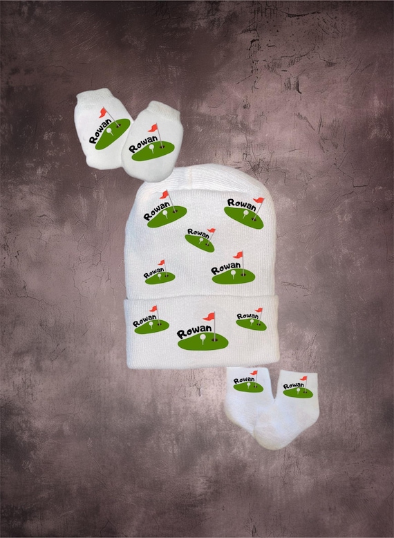 Newborn Hat, No Scratch Mitts and Socks. Golf Theme with Name. Great Gift. Baby's 1st Keepsake. Cute