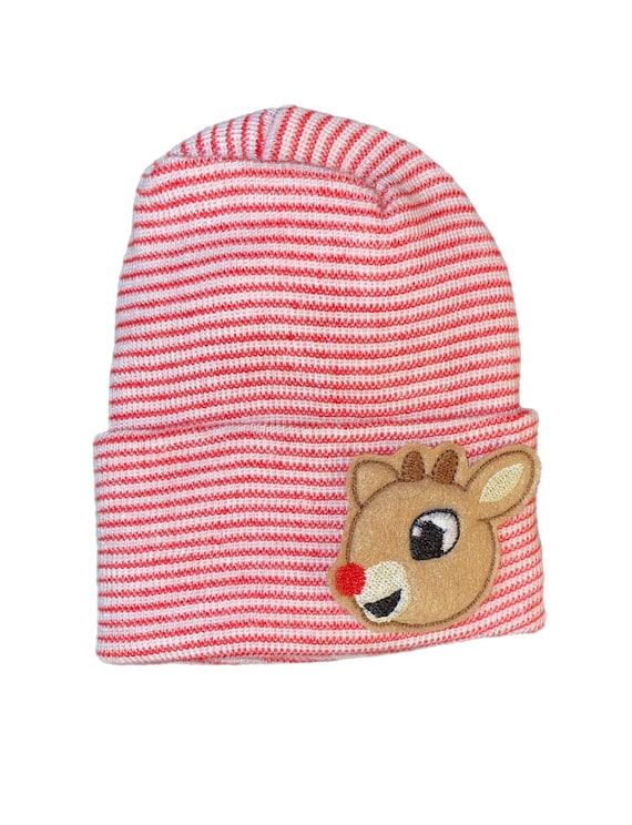 Newborn Hospital Hat! Red and White  Striped or Solid White hat with Reindeer!