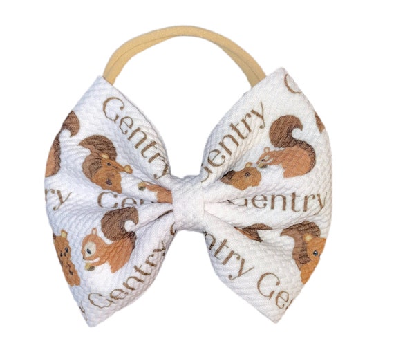 Girls Bow Hat or Headband with Cute Squirrels  & NAME! Baby Girl Bow!  Custom Made Fabric Bow. Newborn Hospital Hat. Newborn Hat.  EXCLUSIVE