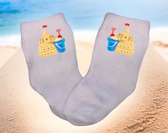 Baby/Toddler/Child Sandcastle and Bucket Socks. Multiple sizes offered. Choose from 0-6 months to 10 years. Every Baby Needs.Cute Baby Gift!