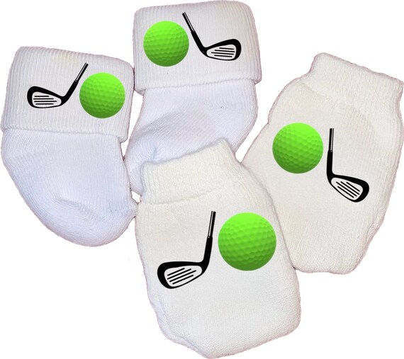 MITTENS & Sock Option Newborn no scratch Mittens for Baby of Golf fan.  Perfect Shower/Newborn Gift Every Baby Needs. Cute Baby Gift!