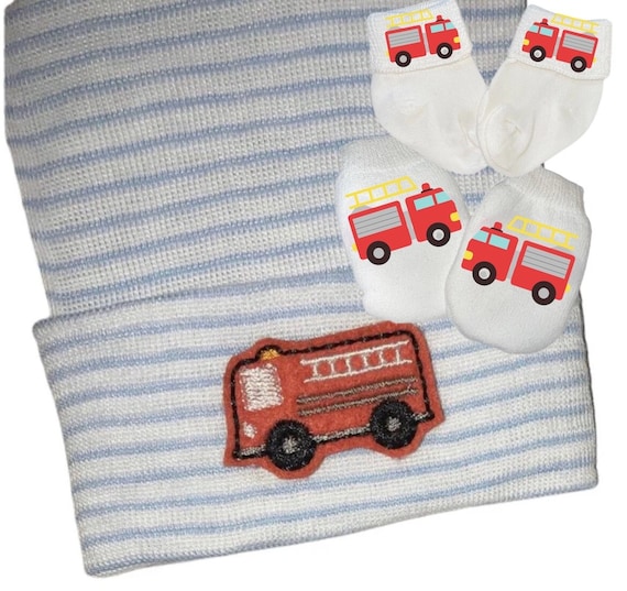 NEWBORN Hospital Hat with Firetruck and Option to Add No Scratch Mittens and Socks with Firetruck on them.  Great Gift.