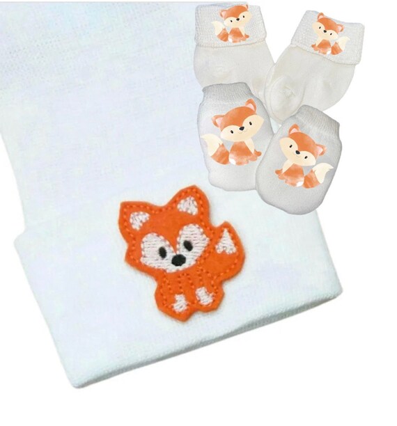 Newborn Hospital Hat. Fox Newborn Hospital Hat with Option to Add Mittens and Socks. Choice of Hat Colors  Newborn Baby Hats. Gr