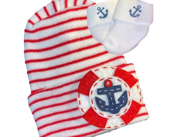 Baby Anchor Hospital Hat. Boy or Girl Baby Hat. Newborn Hospital Hat.  Option to add Anchor Socks and No Scratch Mitts. Nautical Baby.
