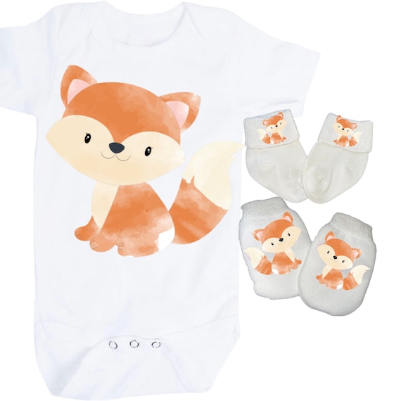 Fox Baby Bodysuit with No Scratch Mittens and Socks! Size 0-3 Months. EXCLUSIVELY FOUND HeRe!