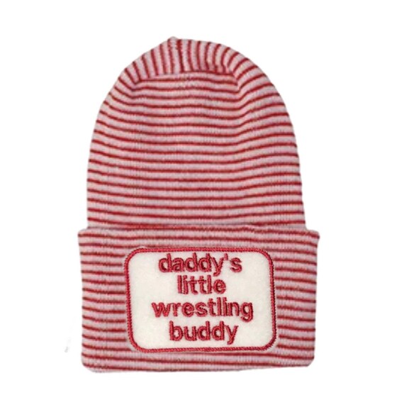 Baby Hat daddy's little Wrestling buddy and OPTIONal Mittens. Red and white Hat.  1st Keepsake, Gender Reveal, Surprise Dad!
