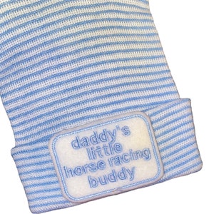 Newborn Hospital Hat daddy&#39;s little Horse Racing buddy. 1st Keepsake, Baby Boy Hat. Gender Reveal, Surprise Dad! Coming Home Hat,