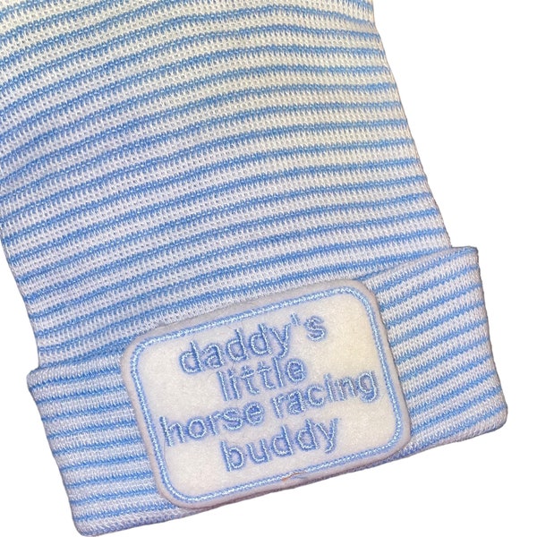 Newborn Hospital Hat daddy's little Horse Racing buddy. 1st Keepsake, Baby Boy Hat. Gender Reveal, Surprise Dad! Coming Home Hat,