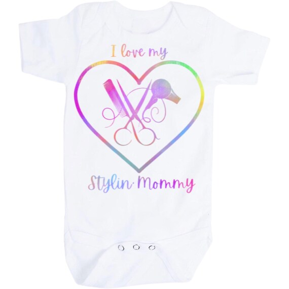 Baby Bodysuit with I Love My Stylin Mommy with Scissors, Comb and Blow Dryer. Perfect for Hairdresser Baby. 1st Keepsake!