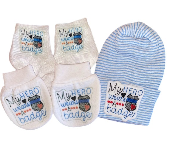 NEWBORN Hospital Hat For Girl Or Boy With Matching No Scratch Mittens and Socks! My Hero Wears A Badge.  Police Baby. Great Gift.