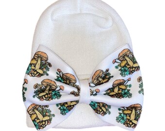 Newborn Hospital Hat with Mushroom Bow on Hat, Nylon Headband or Alligator Clip. You Choose At Checkout