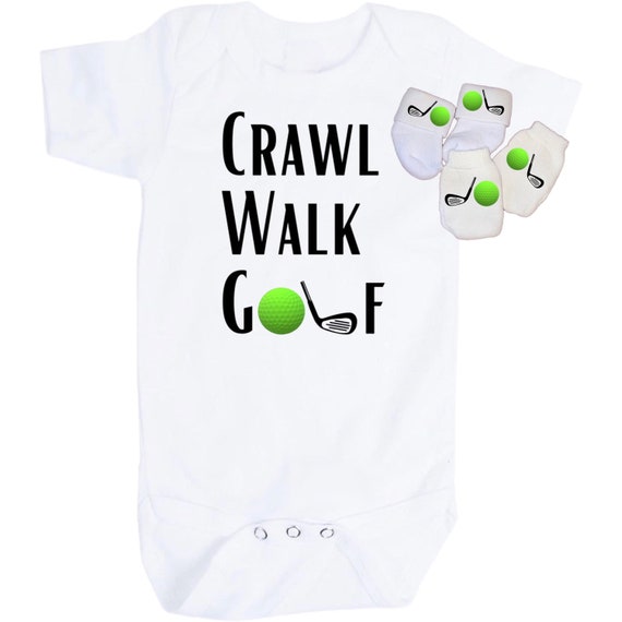 Baby Bodysuit Crawl Walk Golf. Option to add Socks and No Scratch Mittens. Multiple Sizes Offered. 1st Keepsake! GREaT GiFT! 1st Keepsake!