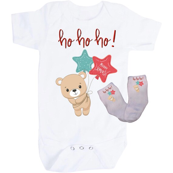 Christmas Baby Bodysuit with Option to add Socks and No Scratch Mittens. Size 0-3 Months to 24 Months. EXCLUSIVELY FOUND HeRe!