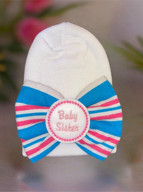 Baby Sister Bow Hat Newborn Hospital Beanie.  Baby Newborn Hats.  BABY Sister. Great Gift, Gender Reveal, Keepsake