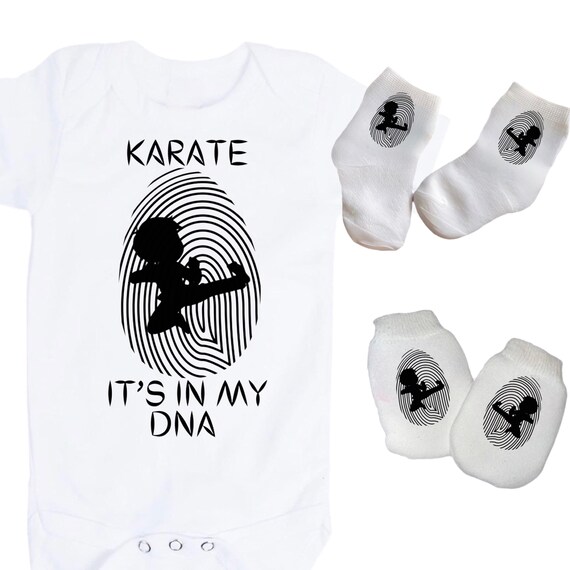 Baby Bodysuit with Karate. It’s In My DNA. You Choose Size. Option To Add Socks and No Scratch Mittens.  GREaT GiFT  1st Keepsake.