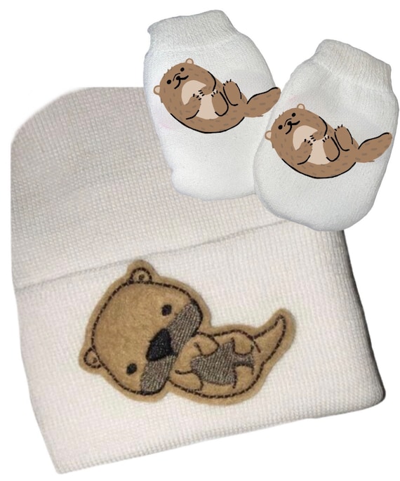 NEWBORN Hospital Hat with Otter and option to add no scratch mittens. Great Gift. You Choose Hat Color. Cute!