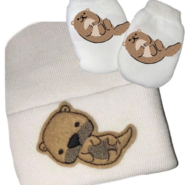 NEWBORN Hospital Hat with Otter and option to add no scratch mittens. Great Gift. You Choose Hat Color. Cute!