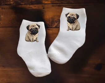 Chaussettes mignonnes en forme de carlin pour bébé/tout-petit/enfant. Plusieurs tailles proposées. Choisissez entre 0-6 mois et 10 ans. Cadeau mignon !