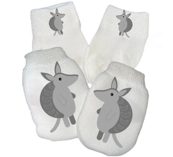 MITTENS & Sock Option Newborn no scratch Mittens With Armadillo Boy or Girl! Cute Shower / Newborn  Gift! Every Baby Needs. Cute Baby Gift!