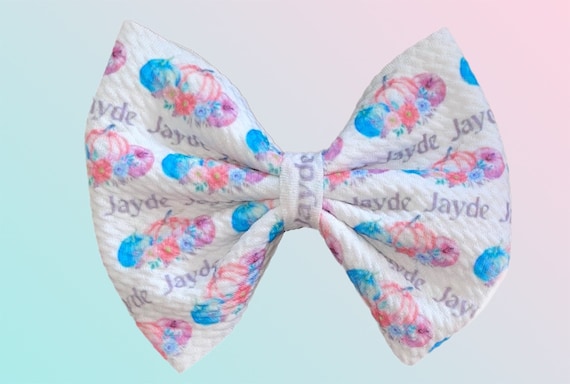 Girls Bow with NAME with Pumpkins On Nylon Headband, Alligator Clip or White Newborn Hat! Custom Made Fabric Bow. EXCLUSIVE