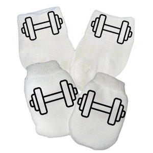 MITTENS & Sock Option Newborn no scratch Mittens With Dumbbell. Boy or Girl! Great Shower / Newborn  Gift! Every Baby Needs. Cute Baby Gift!