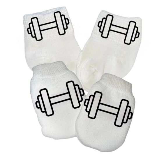 MITTENS & Sock Option Newborn no scratch Mittens With Dumbbell. Boy or Girl! Great Shower / Newborn  Gift! Every Baby Needs. Cute Baby Gift!