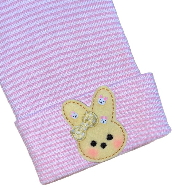 Newborn Hospital Hat Baby Beanie Spring or Easter Newborn Hat with Yellow BUNNY! Cute and Makes a Great Gift and Cute Photo Prop!