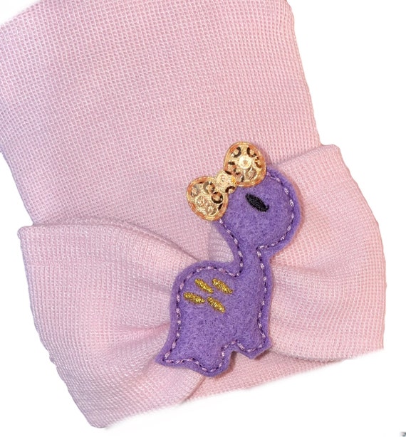 PINK Newborn Hospital Hat Bow with Same Material as Hat with Purple Dinosaur.  1st Keepsake! You Choose 1 or 2 ply Hat.