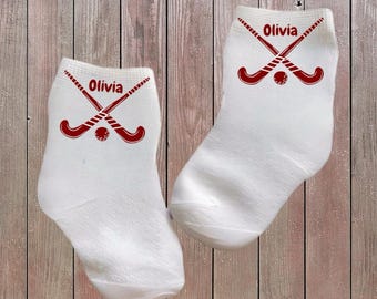 Baby/Toddler/Child Field Hockey Socks with Name. Multiple sizes offered. Choose from 0-6 months to 10 years. Every Baby Needs. Cute Gift!