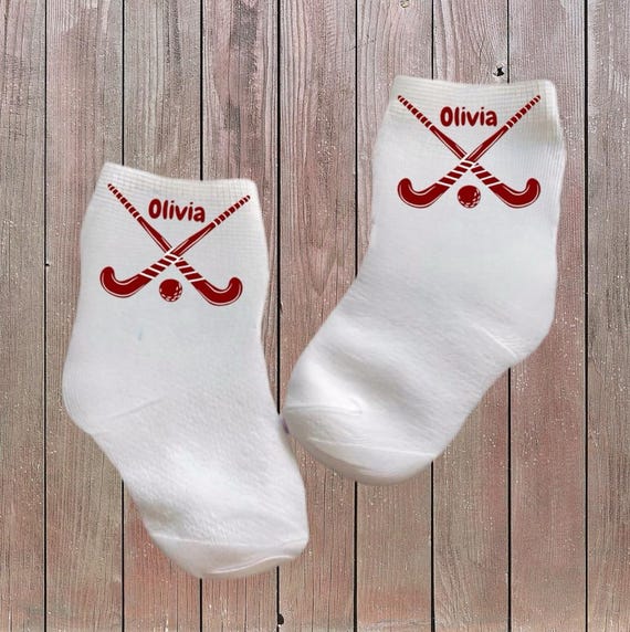 Baby/Toddler/Child Field Hockey Socks with Name. Multiple sizes offered. Choose from 0-6 months to 10 years. Every Baby Needs. Cute Gift!