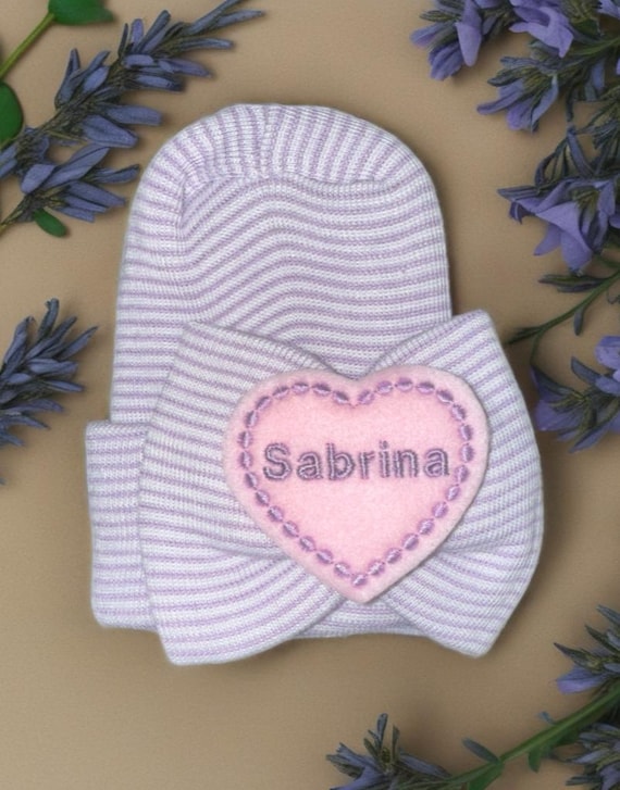 Baby Girl Hat Newborn Hospital Hat Monogrammed with PERSONALIZED Name! LARGE Bow with Name! Great Gift any Mom would LOVE 1st Keepsake!