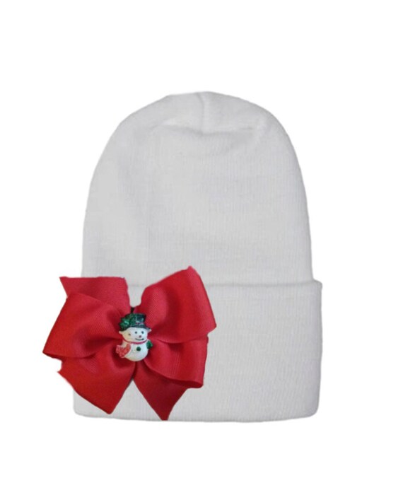 Newborn Hospital Hat! Red and White Striped or Solid White hat With Red Bow with Snowman on it.