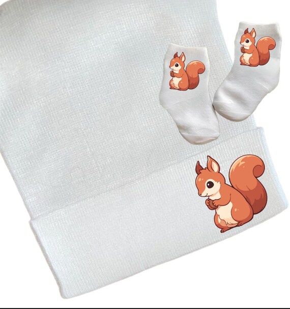 Newborn Hospital Hat Squirrel. Option to add Socks & Mitts.Great Gift. Baby's 1st Keepsake. Cute