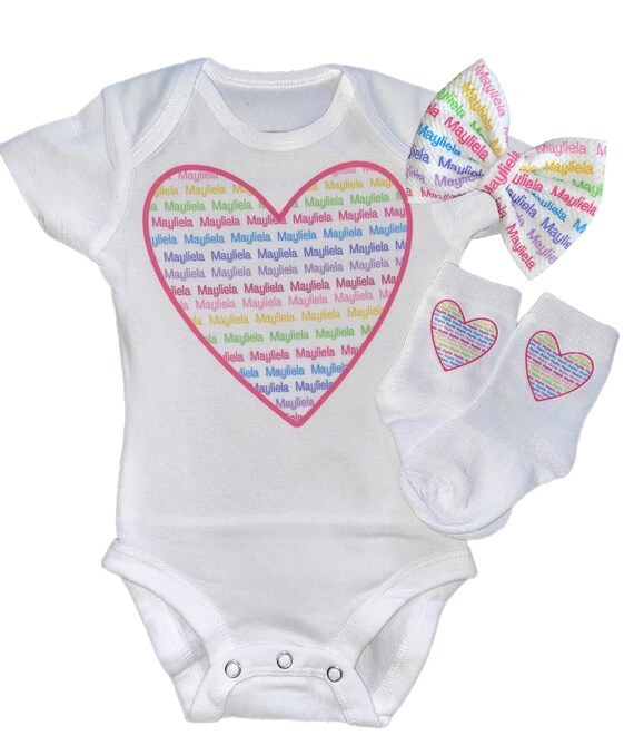 Baby Bodysuit with Name in Heart, Matching Socks and Matching Bow On Headband. You Choose Size 1st Keepsake! GREaT GiFT! 1st Keepsake!