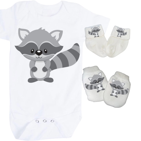 Raccoon Baby Bodysuit with No Scratch Mittens and Socks! Size 0-3 Months. EXCLUSIVELY FOUND HeRe!
